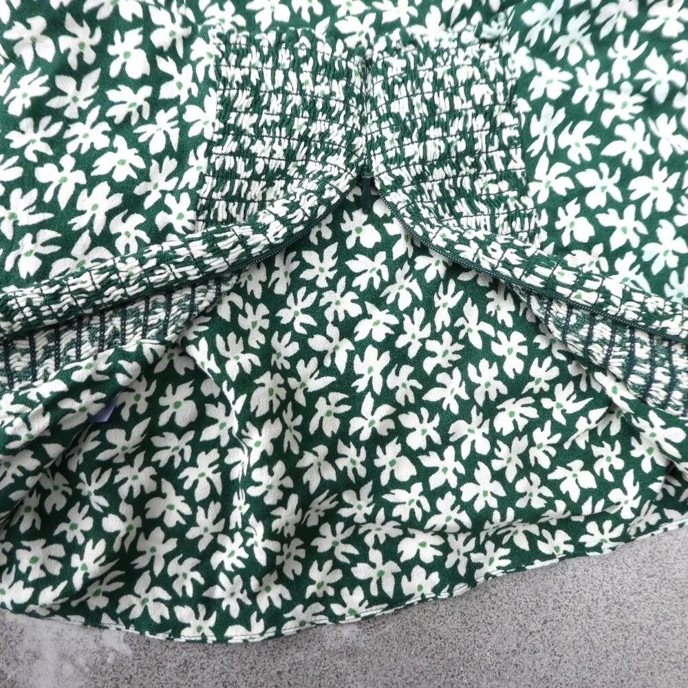 Reformation Floral Lupe Top Smocked Zipper Back Shoulder Ties Green White 2